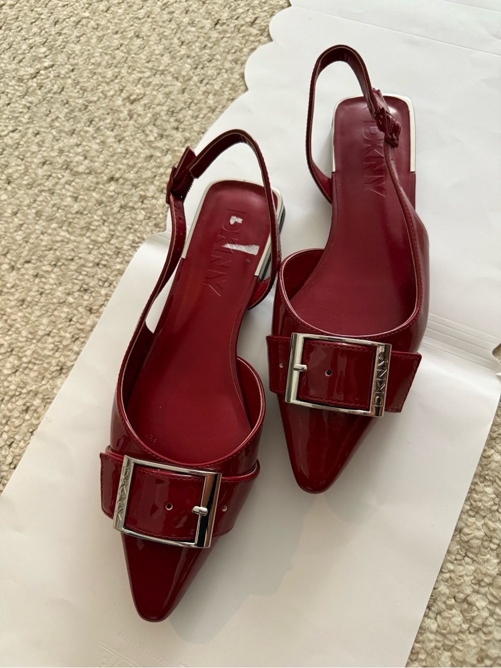 DKNY Red Patent Pointed Toe Slingback Flats with Silver Buckle Size 6